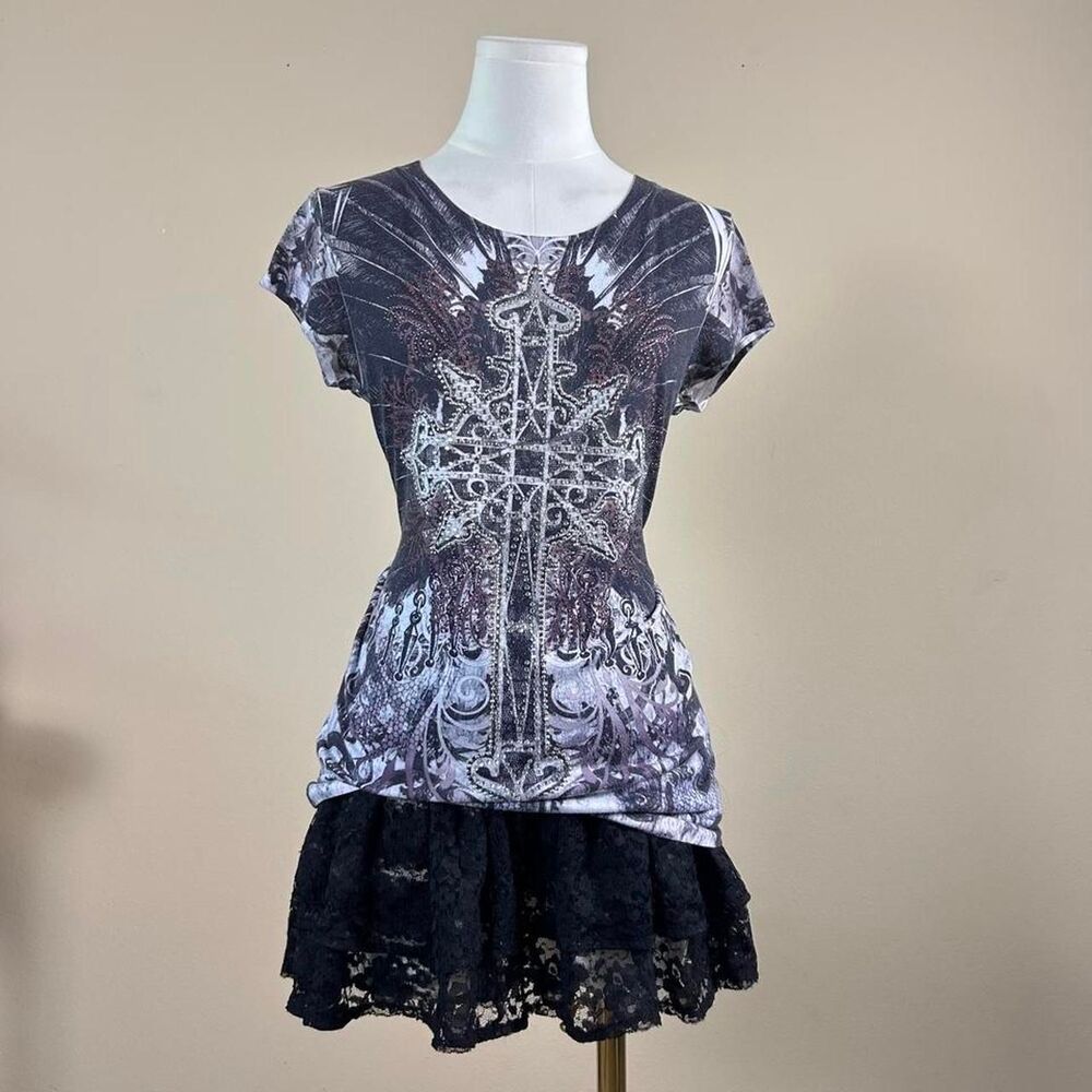 Angels and Diamonds Y2K Mcbling Grunge Rhinestone Sword Top